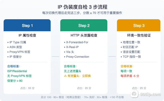 IP 伪装度自检评分三步流程
