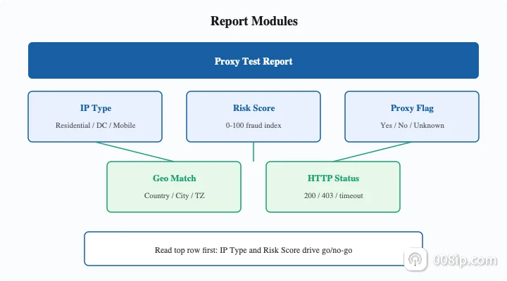 代理检测报告模块概览:IP类型、风控评分、代理标记、Geo一致性与HTTP状态五大字段