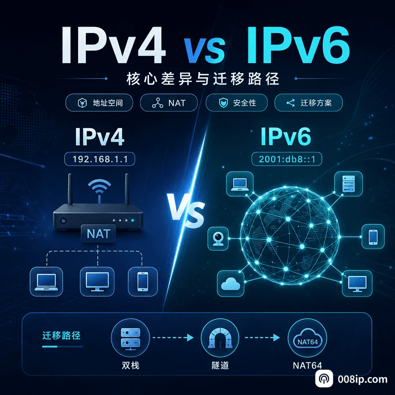 Pv4 vs IPv6 核心差异与迁移路径对比图，展示地址空间、NAT、安全性及双栈、隧道、NAT64迁移方案