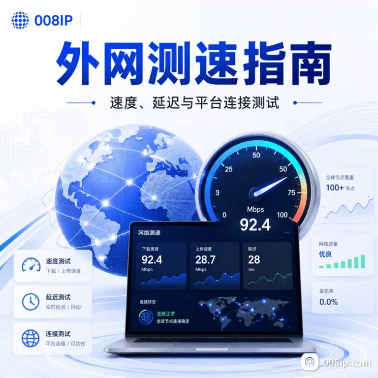外网测速指南封面，展示全球网络连接、测速仪表盘、下载上传速度和延迟测试