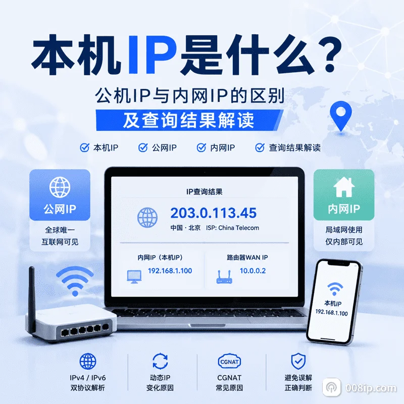 本机IP查询，展示公网IP、内网IP、路由器WAN地址的区别以及IPv4、IPv6和CGNAT网络解析